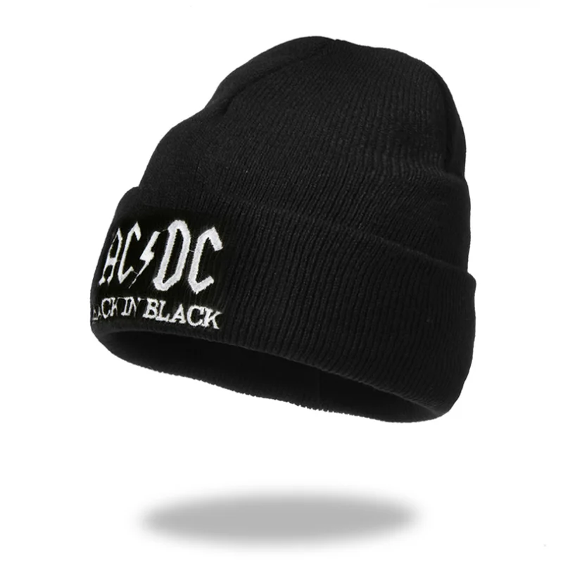 New Arrival Stylish AC DC Embroidery Beanie Hat Classic Black New Knitted Warm Caps Newest Black Popular Skull Cap Hats Unisex grey skully hat