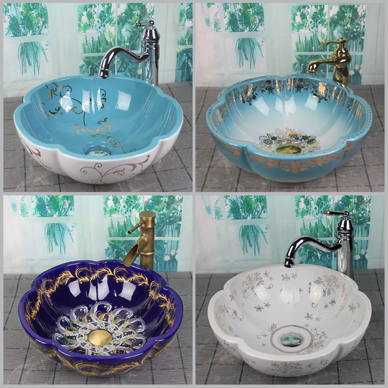 Blue Bathroom Ceramic Above Counter Wash Basin Flower Shape Home Nordic Hand Single Bowl Simple Shampoo Sinks | Обустройство дома