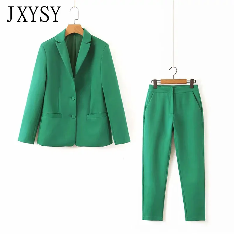 JXYSY, женский,, шикарный зеленый Блейзер, карманы, две кнопки, длинный рукав, офисная одежда, пальто, однотонный, Женский блейзер, повседневная верхняя одежда, топы