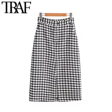 TRAF, Женская винтажная элегантная офисная одежда, Хаундстут, юбка, модная, на молнии, с карманами, с разрезом, в клетку, женские юбки, шикарные, Faldas Mujer