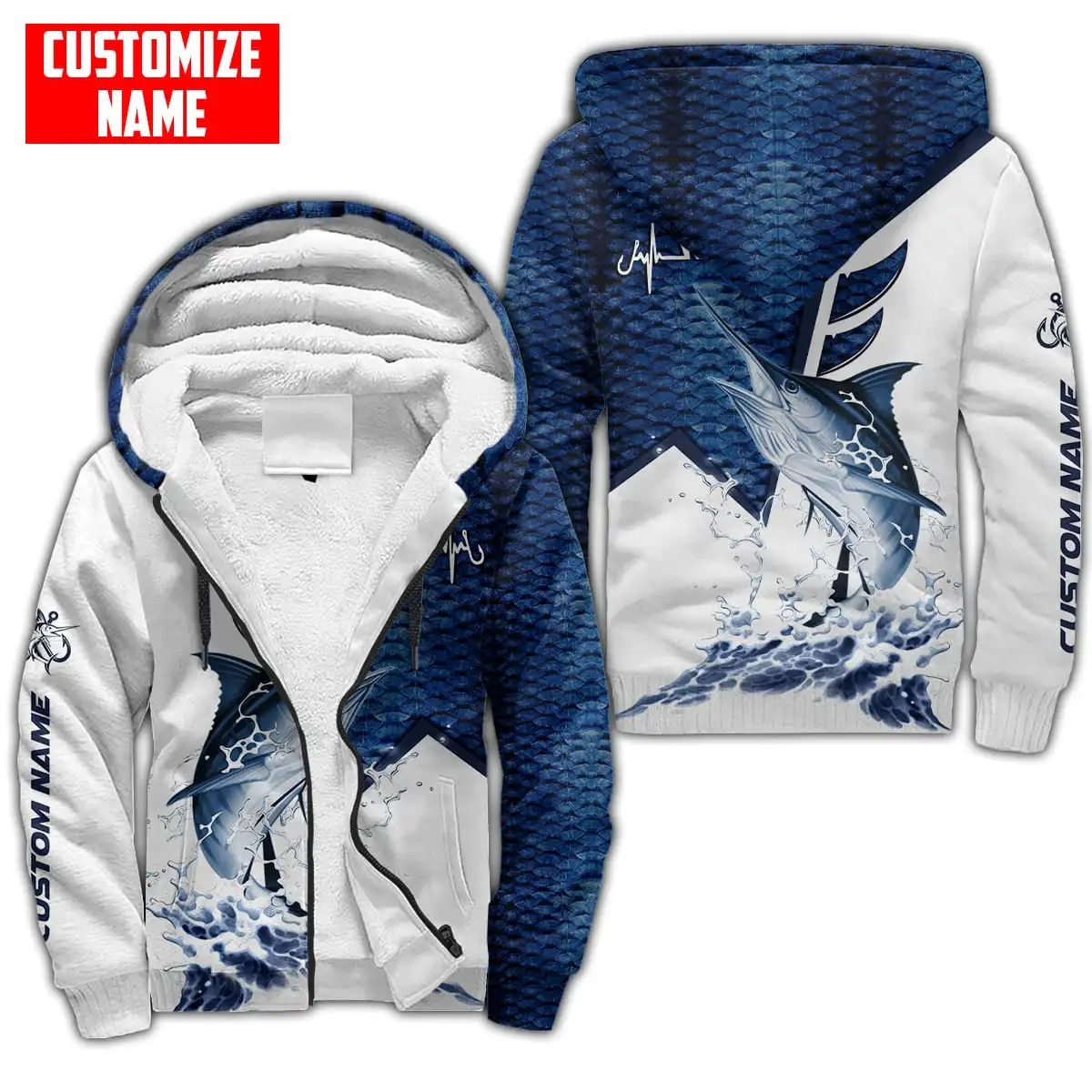 Custom Name Tuna Fishing 3D Printed Winter Thicker Zip Hoodie Unisex Casual Hooded Coat Tracksuit Warm Fleece Jacket JH07