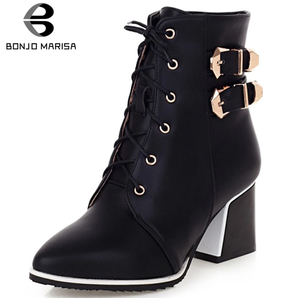 

BONJOMARISA New 34-43 Maturel lace-up Fur Booties Ladies Elegant Metal Decorating Ankle Boots Women 2019 High Heels Shoes Woman