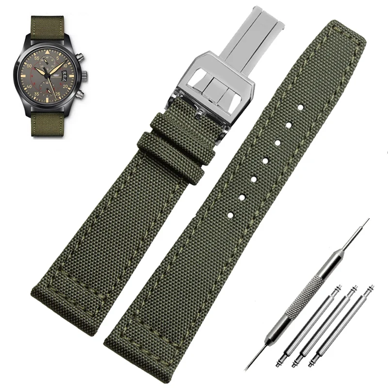 Green and Black Nylon Leather Watch Band Strap with Silver Pin Buckle - High Quality