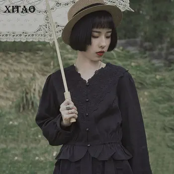 

XITAO Lolita Court Style Shirt Vintage V Neck Lace Long Sleeve Womens Tops and Blouses Fashion Elegant Black Short Blouse XJ4080