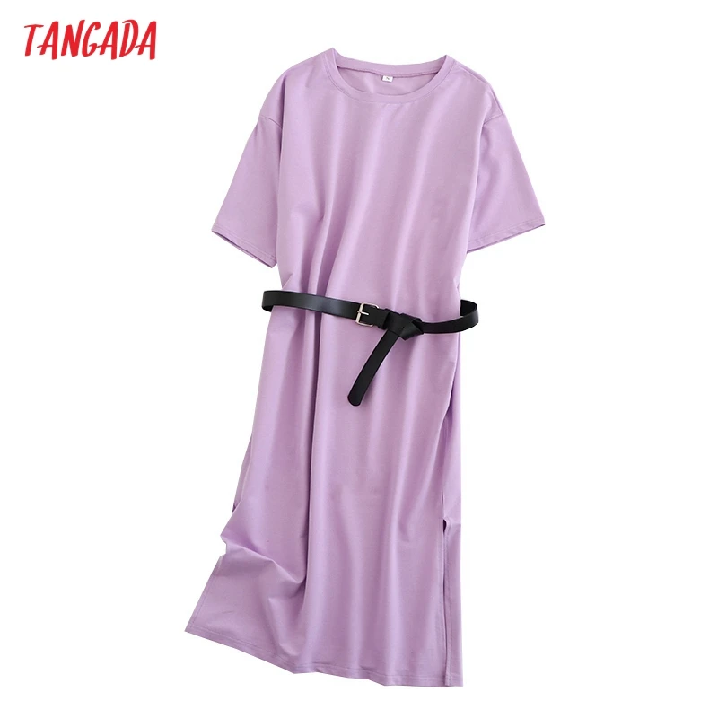 Tangada 2021 Women Elegant 95% Cotton Sweatshirt Dress Oversized Short Sleeve Side Open Ladies Midi Dress 6L60