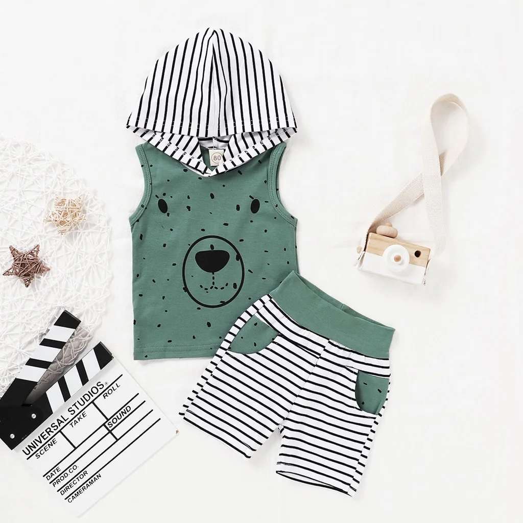 

(0-4Y) Children Sleeveless Cartoon Hooded Top Striped Shorts Suit Cotton Friendly Skin Comfortable Summer Vacation Suit S4