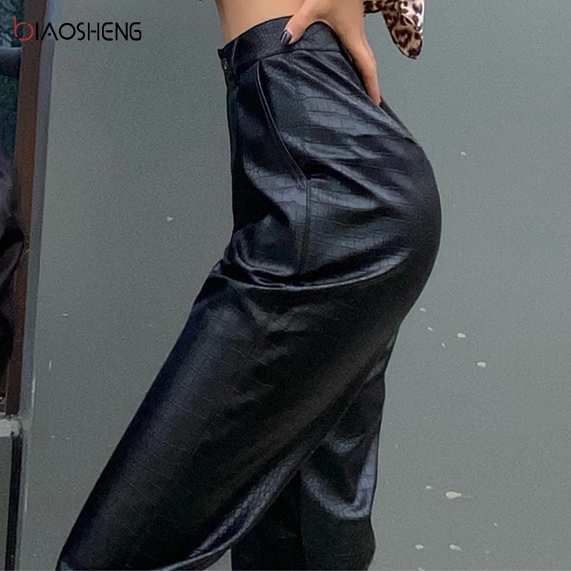 Women's pants Black Faux Leather Pants Lady PU Loose Pencil Trousers Streetwear Fashion Elegant High Waist Straight Female Pants 2