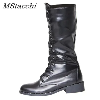 

MStacchi 2019 Women Mid-Calf Boots Women Genuine Leather Fashion White Square Heels Rubber Botas Mujer Zipper Punk Shoes Woman