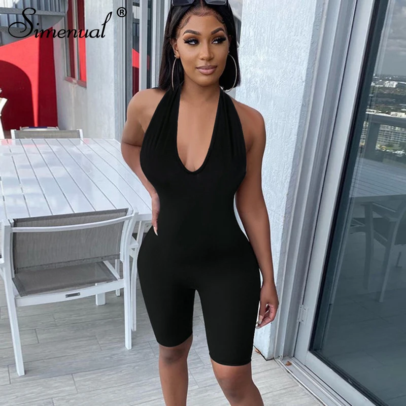 

Simenual Sporty Workout Active Wear Halter Rompers Women Backless Sleeveless Bodycon Casual Playsuit Athleisure Biker Playsuits