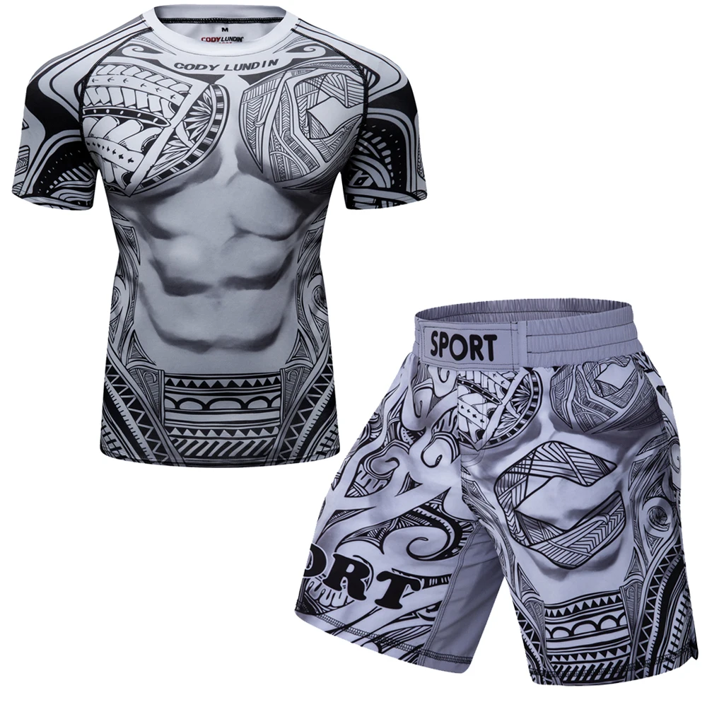 Men's Sport Compression Suit Running Sportswear Set MMA Boxing Shorts Rashguard Fitness Workout Gym Clothing Training Tracksuit
