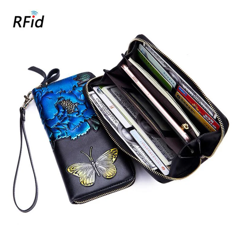 Западный Rfid Buttfly пион ручная роспись кожаный женский Wallt винтажный принт длинный кожаный женский кошелек