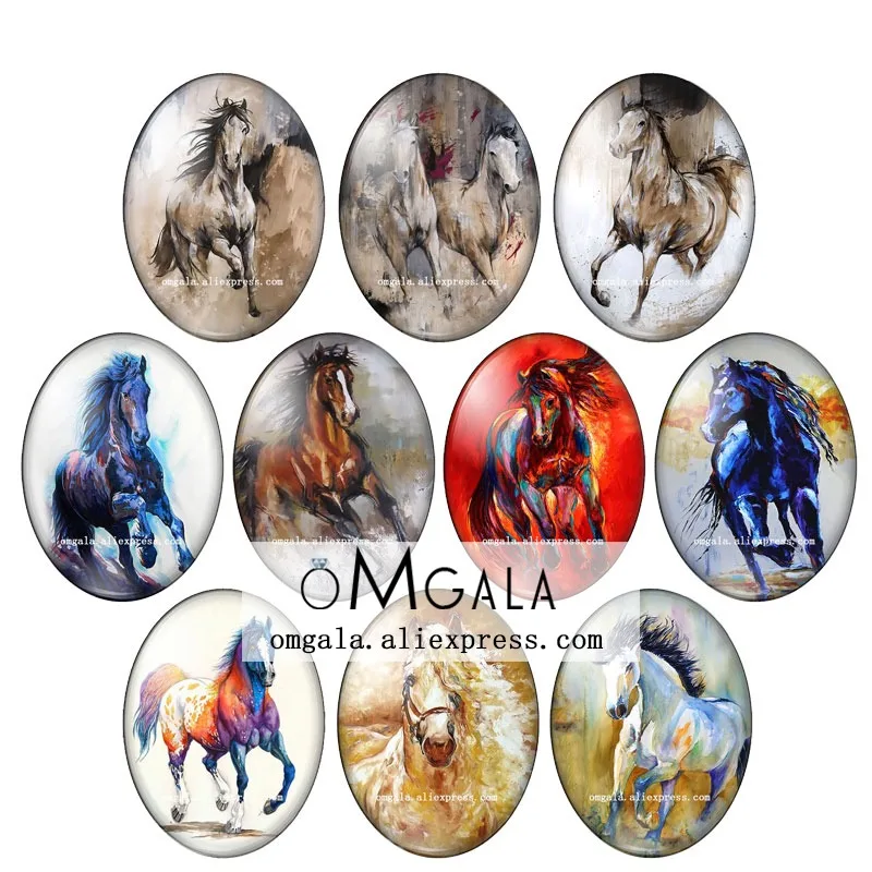 

Watercolor Running Horse Animal Art Paintings 13x18mm/18x25mm/30x40mm Oval photo glass cabochon flat back Making findings