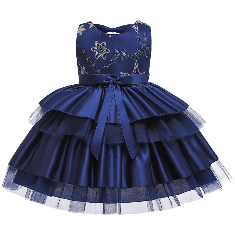 Кружевное платье-пачка принцессы с вышивкой для маленьких девочек; элегантное торжественное платье с цветочным узором для дня рождения; одежда без рукавов для девочек - Цвет: dark blue