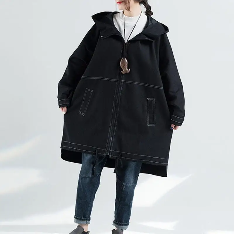 Новинка, корейское Свободное пальто размера плюс с карманами на молнии для отдыха, ветровка с капюшоном на осень и зиму, простое удобное Женское пальто - Цвет: Черный