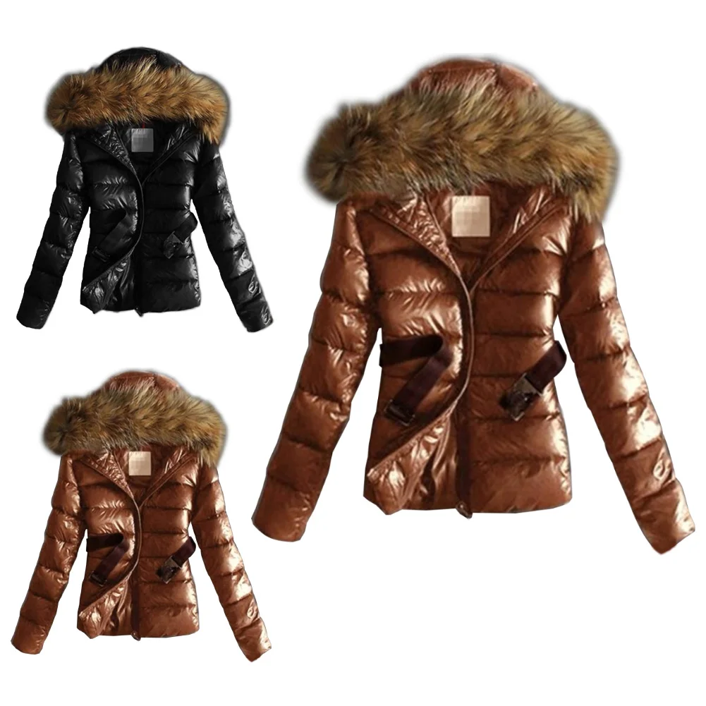 Winter Women Solid Color Faux Fur Collar Hooded Cotton Coat Short Down Jacket