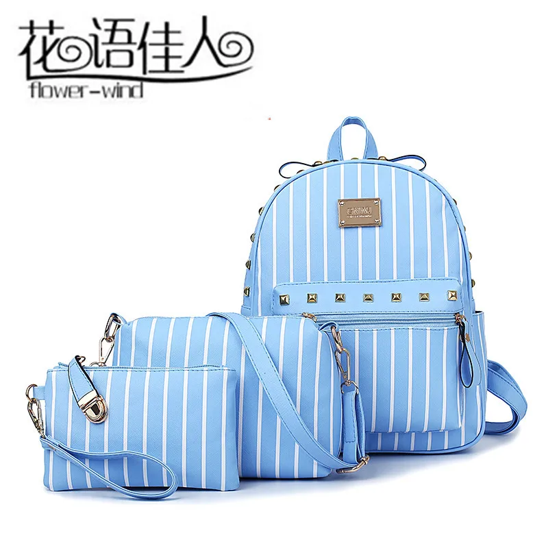 

2019 WOMEN'S Bag New Style Different Size Bags Backpack Stripes Women's Backpack Three-piece Set Mother And Child Shoulder Dual