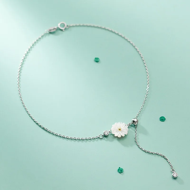 White Daisy Anklet 925 Silver Foot Chain Decorations Sterling Bracelet On The Leg Female Jewelry Summer Woman Long 29CM