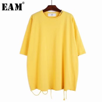 

[EAM] Women Holes Split Joint Brief Big Size T-shirt New Round Neck Three-quarter Sleeve Fashion Tide Spring Summer 2020 1T5160