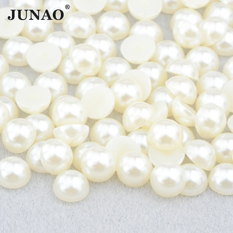 JUNAO 4 6 8 10 12mm Gold Flatback Pearls Half Round Rhinestone Imitation  Pearl Loose Plastic Beads Crystal Stone Stickers