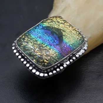 

Solitaire Dolphin Special Jewelry Vintage Natural Dichroic Glass 925 Sterling Silver New Band Ring Size 8 H222