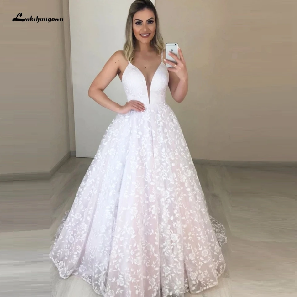 Vestido de Noiva Flores Свадебные платья на тонких бретелях с глубоким v-образным вырезом Свадебное платье кружевное платье принцессы с открытой спиной свадебное платье