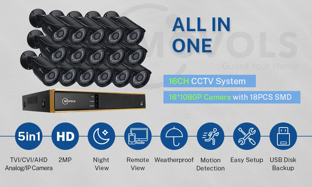 Movols 16CH CCTV камера системы 16 шт 1080p камера видеонаблюдения DVR комплект Водонепроницаемая уличная система видеонаблюдения