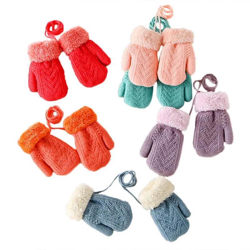 Зимние уличные вязаные перчатки для маленьких мальчиков и девочек, теплые перчатки на веревочной веревке с полным пальцем, перчатки для детей, Висячие перчатки на шее