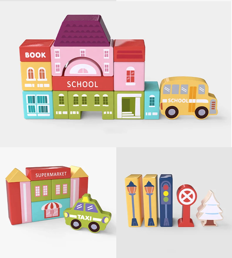 Brinquedos de Madeira Blocos de Construção Educativos para Crianças Pces Crianças Cidade Cenas Tráfego Forma Geométrica Montado Cedo Brinquedos 115 22 115??????_05