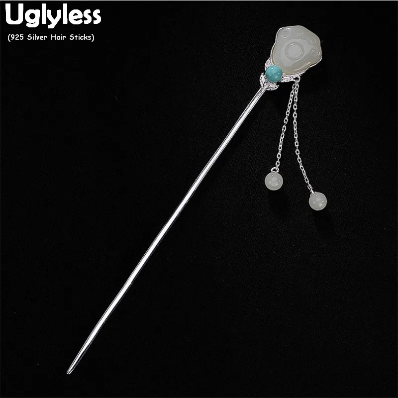Uglyless Bohemia Turquoise Hair Sticks for Women Ethnic Natural Jade Clouds Forks Solid 925 Silver Jewelry Eastern Tassels | Украшения и