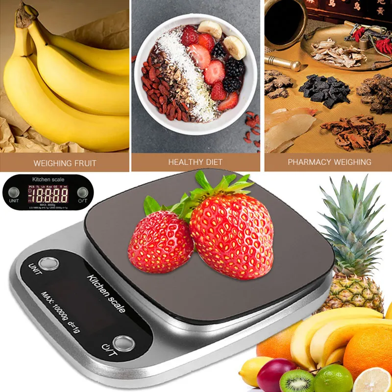 Kitchen Scale 10kg/1g Stainless Steel Mini Scale Digital LCD Digital Scale Portable Jewelry Bar Weighing Tool with Tray