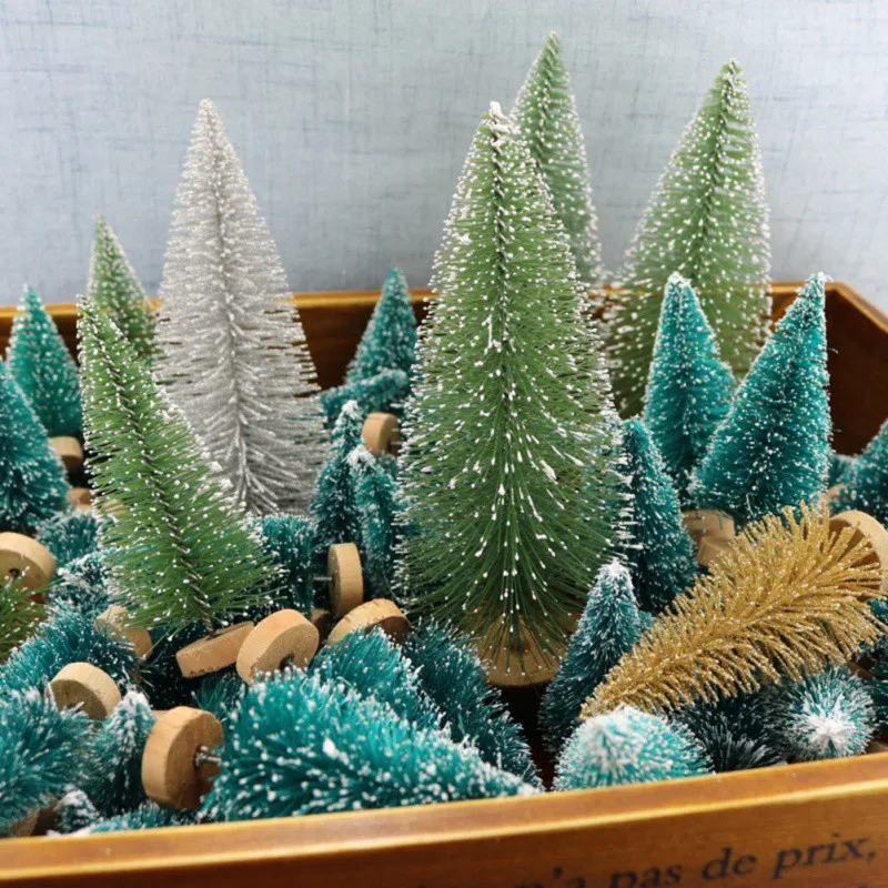

12PCS Small DIY Christmas Tree Fake Pine Tree Mini Sisal Bottle Brush Christmas Tree Santa Snow Frost Village House