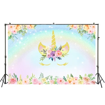 

HUAYI birthday banner photography backdrops cartoon unicorn and rainbow backdrop watercolor flowers background W-4107