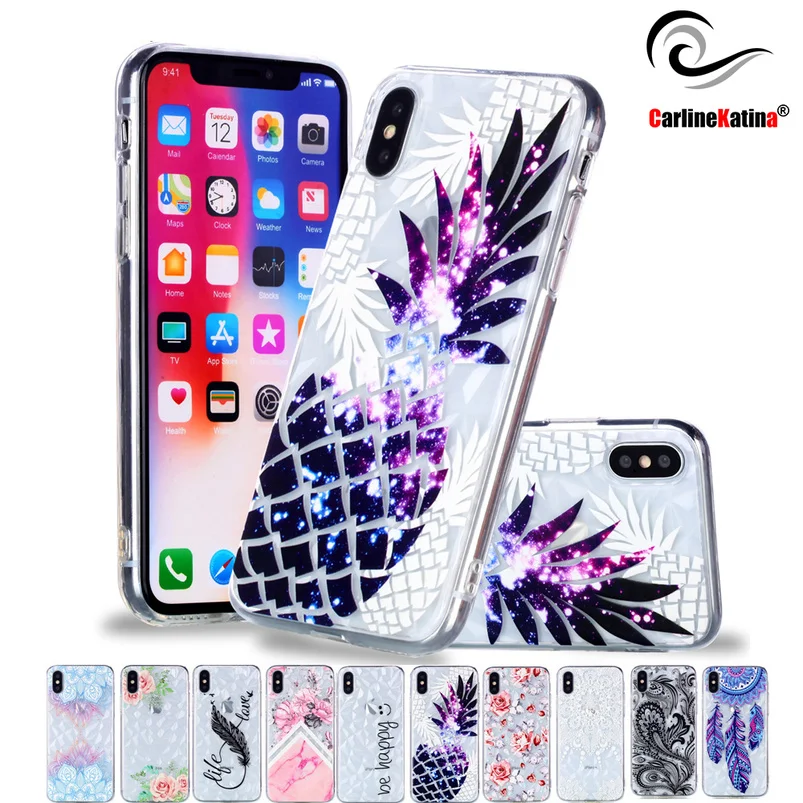 

Diamond Emboss Painted Pattern TPU Case Skin for iPhone 6 6S 7 8 Plus X XS Max XR Transparent Cover Painting Pineapple
