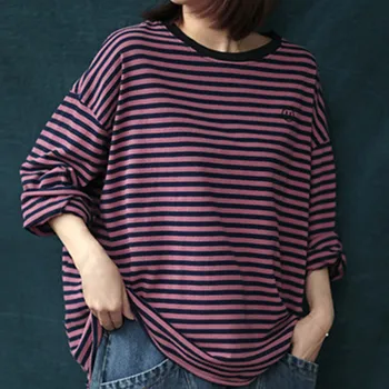 

2020 Spring new KoreanT-shirt casual loose large size striped round neck bottoming top female long sleeve couple clothes