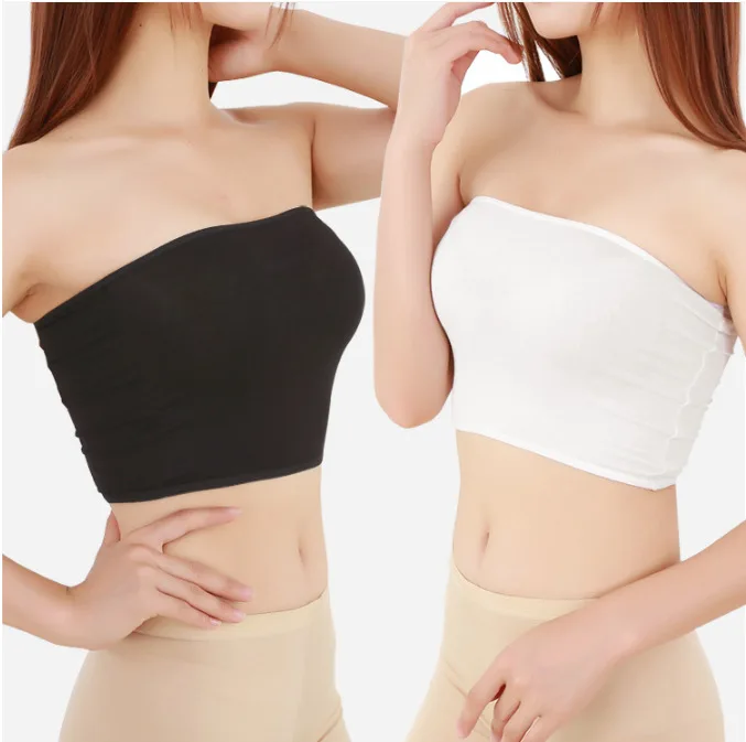 

2019 Fashion Women Tube Top Plus Size Ladies Basic Crop Strapless Padded Bandeau Bra Black White