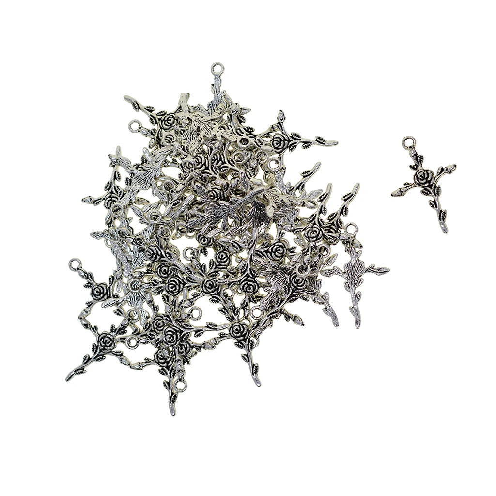 50Pcs Tibetan silver color Rose Floral Charm Cross Faith Pendant Bead for Jewelry Making Bracelet Necklace Crafts