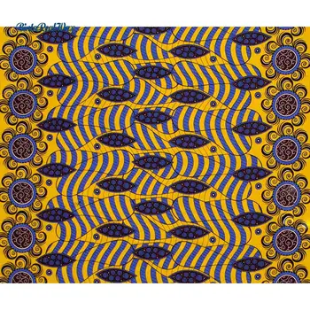

2020 Africa Ankara Polyester Blue and Yellow Wax Prints Fabric BintaReal Wax High Quality 6 Yards for Clothes FP6332
