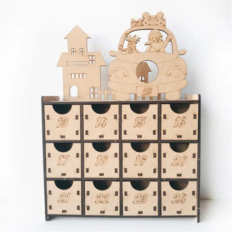 1 Pcs Wooden Advent Calendar Double Sided 13-24 Numbered Drawers Christmas Decoration Children Gifts Small Treats Storage Box