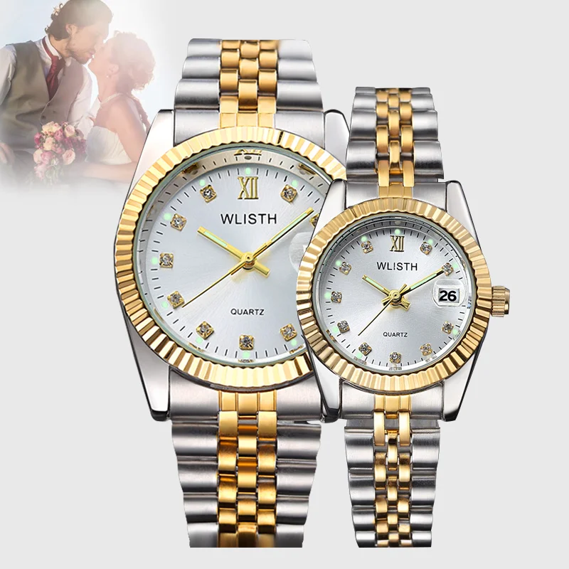 

Top Brand Couple Watch Men's Women's All Steel Waterproof Calendar Quartz Gold Watch Fashion Gear Gold Case Business Lover Watch