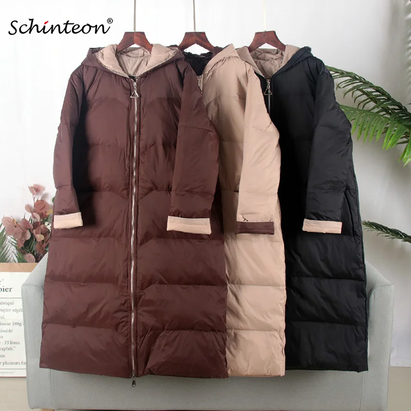 Schinteon/ корейский стиль, бейсбольная куртка-пуховик с капюшоном, пальто, свободная зимняя длинная верхняя одежда, 90% белый пуховик на утином пуху, больше размера