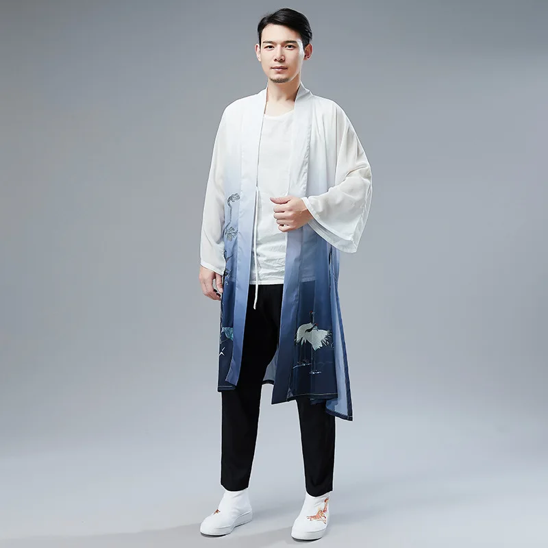 Summer New Style Chinese-style Cotton Linen White Bird Chinese Clothing Chiffon Printed Thin Men Long Sweater ma fan bu yi