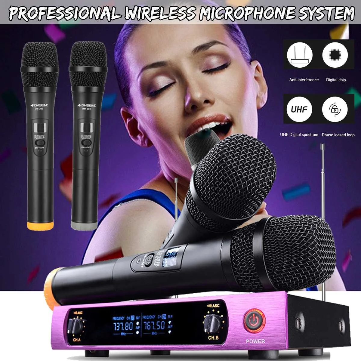 

UHF Professional Wireless Microphone System 2 Channel 2 Cordless Handheld Mic Speech Party Supplies Microphone For Karaoke