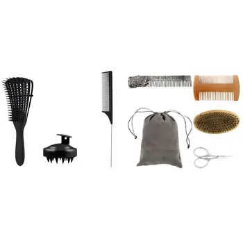 

1 Set Beard Brush Comb Styling Tools with Bag & 1 Set Detangling Hair Brush Tangle Comb Shower Massage Scalp Comb