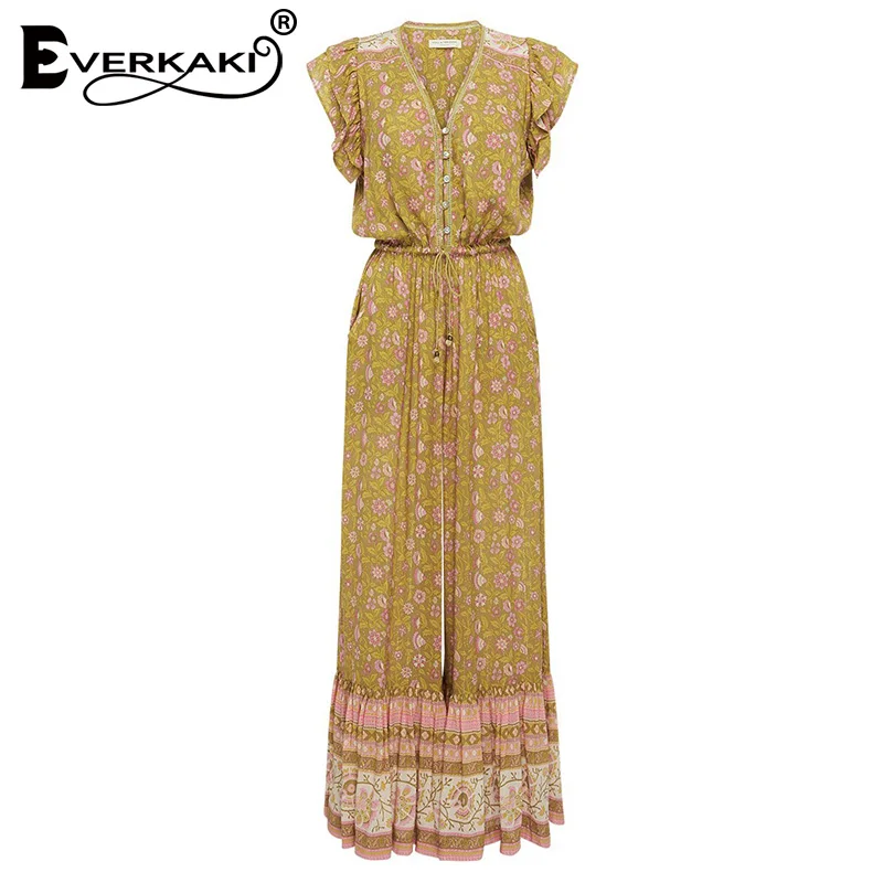 Green Комбинезоны Everkaki Boho с оборками, женские комбинезоны с поясом, регулируемые женские винтажные комбинезоны, женские комбинезоны, Новинка осени - Цвет: Green