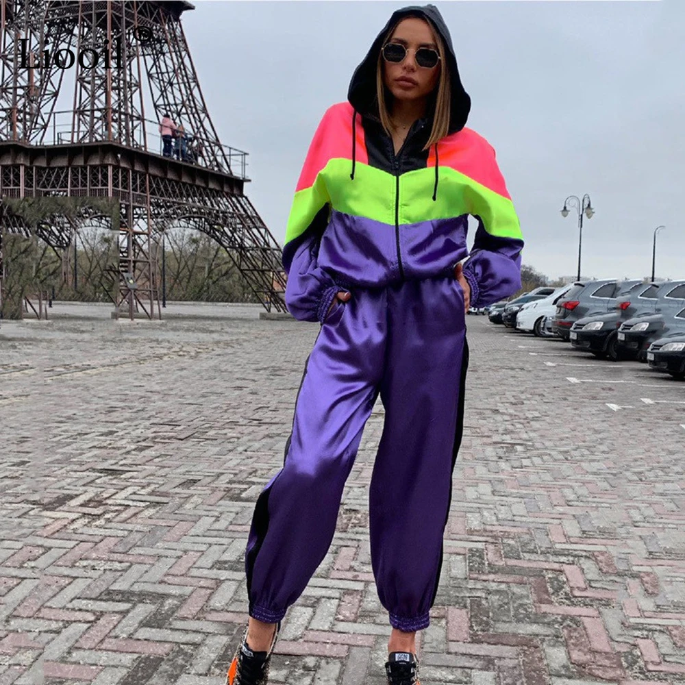 

Liooil Color Block 2 Piece Set Women Outfits Neon Green Tracksuits Fall 2019 Long Sleeve Hooded Zip Up Sweatshirt And Sweatpants