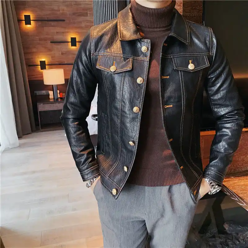 革のジャケットの男性黒革のコートカジュアル韓国スタイルchaquetas Hombre Motorrad Jackeシングルブレストフェイクレザー ジャケット フェイクレザーコート Aliexpress