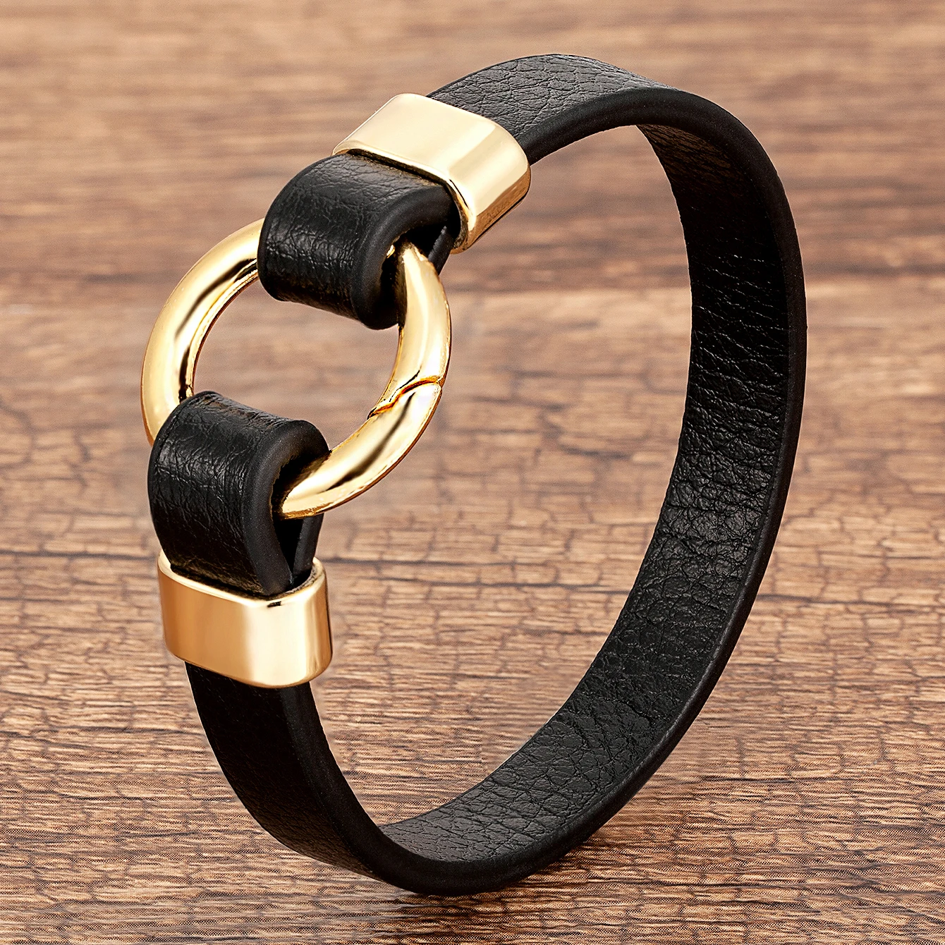 Trendy Genuine Leather Men's Jewelry Gold Metal Round Spring Clasp Simple Leather Rope Bracelet For Women Male Gifts
