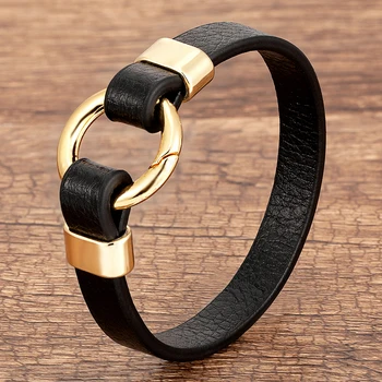 Trendy Genuine Leather Men's Jewelry Gold Metal Round Spring Clasp Simple Leather Rope Bracelet For Women Male Gifts