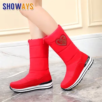 

2020 Winter Women Fur Mid-calf Snow Boots Red Black Cow Leather Waterproof Down Outdoor Crystal Girls Zipper Platform Half Boots