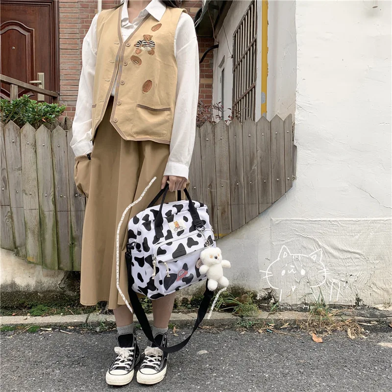 DCIMOR New Lovely Cow Spotted Women Backpack Female Suede Multi-function Travel Bag Transparent Front Pocket Small Schoolbag
